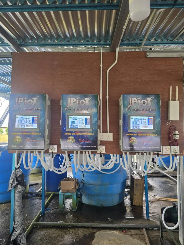 Three JPIoT controllers mounted side by side above fertigation tanks