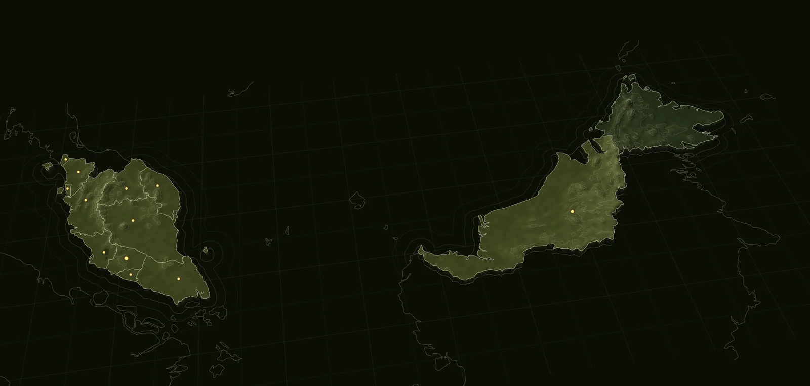 Malaysia as a terrain model, with one marker in each of the twelve states