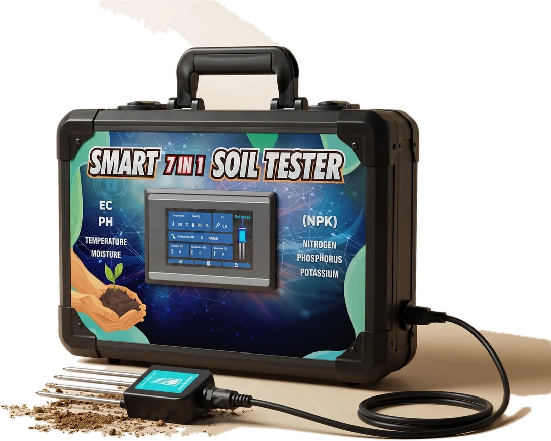 The Smart 7-in-1 Soil Tester in its carry case, with its soil probe