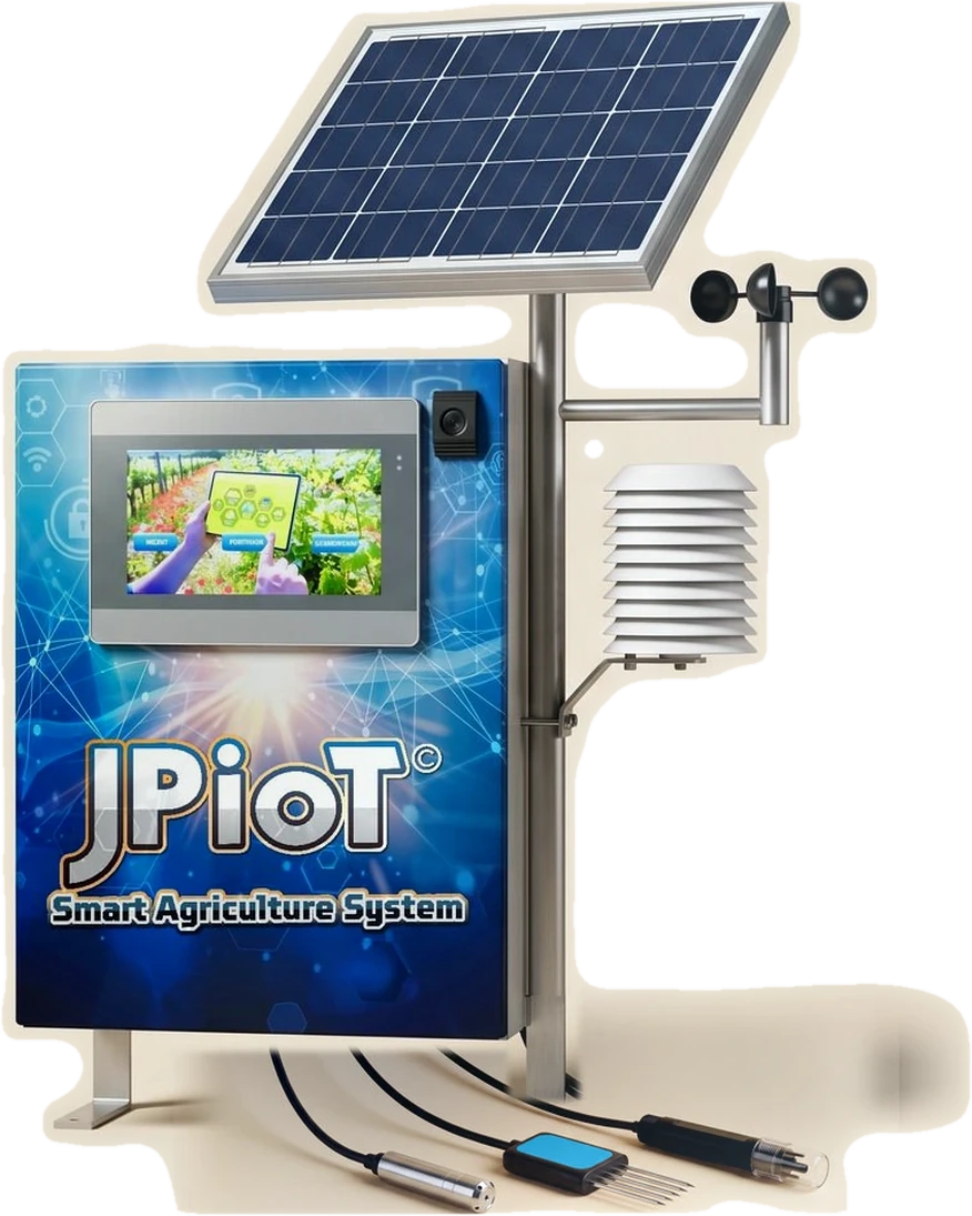 The JPIoT Smart Agriculture System field unit with its solar panel, weather sensors and soil probes