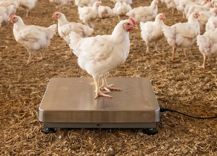 A bird standing on the platform scale on the house floor, its cable running away across the litter