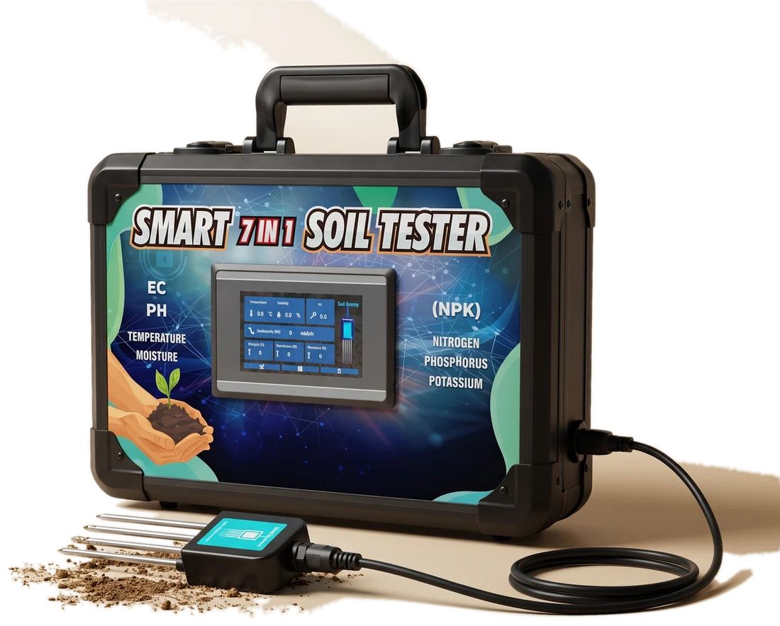 The Smart 7-in-1 soil tester in its field case with the soil sensor alongside