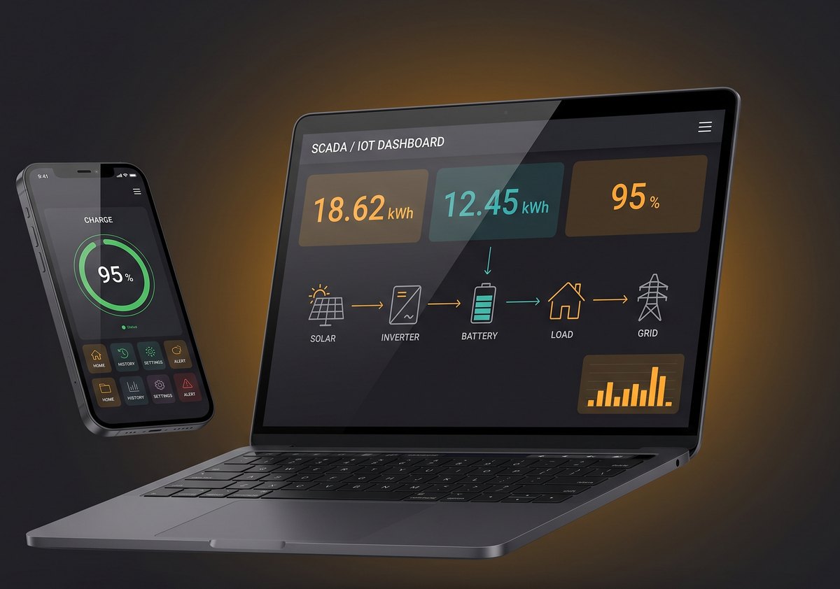 The SCADA and IoT dashboard shown on a phone and a laptop, with generation, consumption and battery state of charge